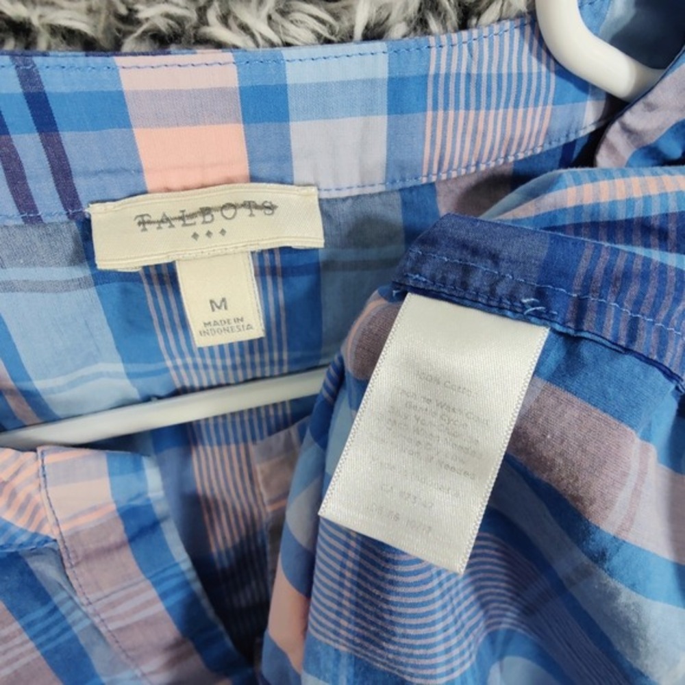 Talbots Womens Preppy Coastal Plaid Bell Sleeve Blouse M Blue Pink Split Neck - Picture 5 of 8